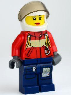 LEGO Minifigure-Fire - Pilot Female, Red Fire Suit with Carabiner, Dark Blue Legs with Map, Helmet, Red Lips-Town / City / Fire-CTY280-Creative Brick Builders